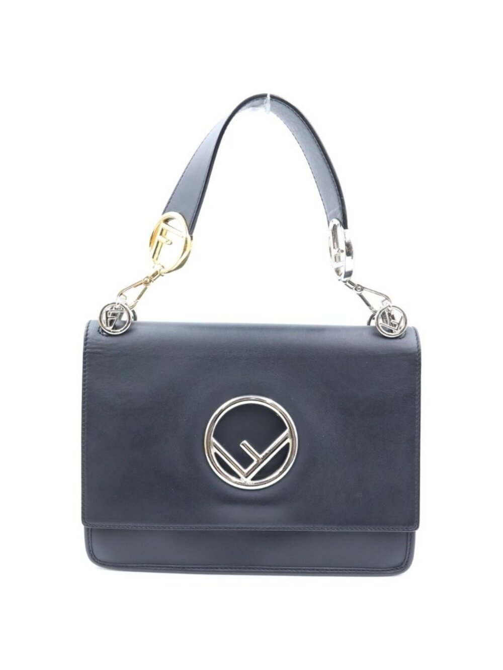 Fendi Canayef 2-Way Shoulder Bag Black Leather Gold Silver